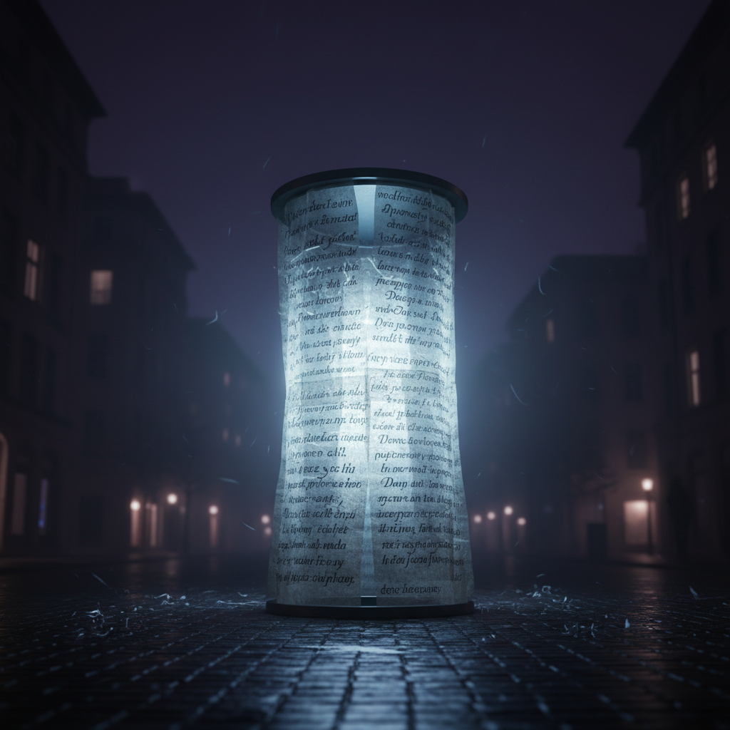 A nighttime city streetscape where the primary focus is a single, free-standing digital kiosk wrapped in translucent paper layers, each printed with fragments of poetic text about democracy, overlapping like palimpsests. The kiosk glows from within with a soft, bluish-white light, causing the printed words to shimmer and partially obscure one another. Surrounding buildings appear only as vague, out-of-focus silhouettes, with scattered reflections of the kiosk’s light on wet pavement. Gentle mist in the air diffuses the glow, producing a halo effect. Shot from a low angle at medium distance, the kiosk is centered against a dark, subdued background, creating a contemplative, almost cinematic mood. The style is photographic realism with subtle atmospheric effects, evoking public art’s quiet presence in civic space without depicting any people.
