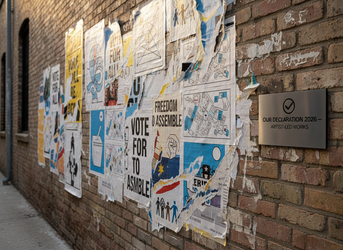 A stark, photographic-realistic image of a weathered brick wall along a quiet alley, transformed into an unofficial noticeboard for democracy-focused public art. Layers of partially torn posters reveal traces of previous projects beneath: bold typographic statements, abstract diagrams, maps of neighborhoods, and hand-drawn symbols of voting, gathering, and dissent. Some paper edges curl, catching late afternoon light that grazes the wall at a low angle, accentuating the rough masonry texture and delicate paper fibers. A single, gleaming stainless-steel plaque mounted at one edge reads “Our Declaration 2026 – Artist-Led Works,” anchoring the scene. Captured straight-on with moderate depth of field so the wall remains in sharp focus while the alley recedes into a soft blur, the mood is raw yet curated, suggesting democracy as layered, contested, and continually rewritten.