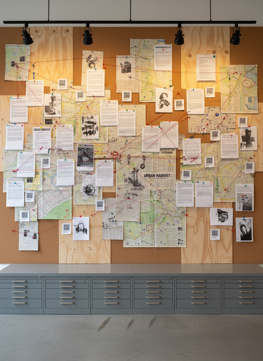 An expansive bulletin wall constructed from layered cork, newsprint, and untreated plywood, densely filled with printed project descriptions, small abstract sketches, folded maps, and QR code labels representing artist-led public works across the country. Colored pushpins and thin red cotton threads connect different clusters of documents, suggesting a network of evolving democratic practices. The wall stands in a quiet, contemporary reading room with polished concrete floors and a single metal flat file cabinet beneath. Overhead track lighting casts warm, even illumination, creating crisp shadows around each pinned element. Shot straight-on with sharp focus edge to edge and a slightly elevated vantage point, the composition is balanced and orderly, conveying a sense of curated complexity and photographic realism that reflects a living, evolving archive of public art.