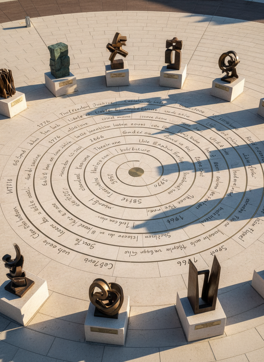An open, sunlit civic plaza dominated by a large circular platform made of pale stone, its surface etched with rings of handwritten phrases about freedom, responsibility, and community in varying sizes and languages. Embedded brass markers indicate years from 1776 to 2026, forming a timeline that spirals inward. Around the platform, low plinths support simple, abstract sculptural forms—blocks, coils, and folded planes of metal—each engraved with the title of an artist-led project. Late-afternoon golden light casts long, precise shadows that emphasize the engraved text and contours of the sculptures. Photographed from a high, slightly oblique angle to show the full spiral and surrounding forms, everything in sharp focus, the atmosphere is open, hopeful, and reflective, in clean photographic realism underscoring democracy as a shared, evolving space.